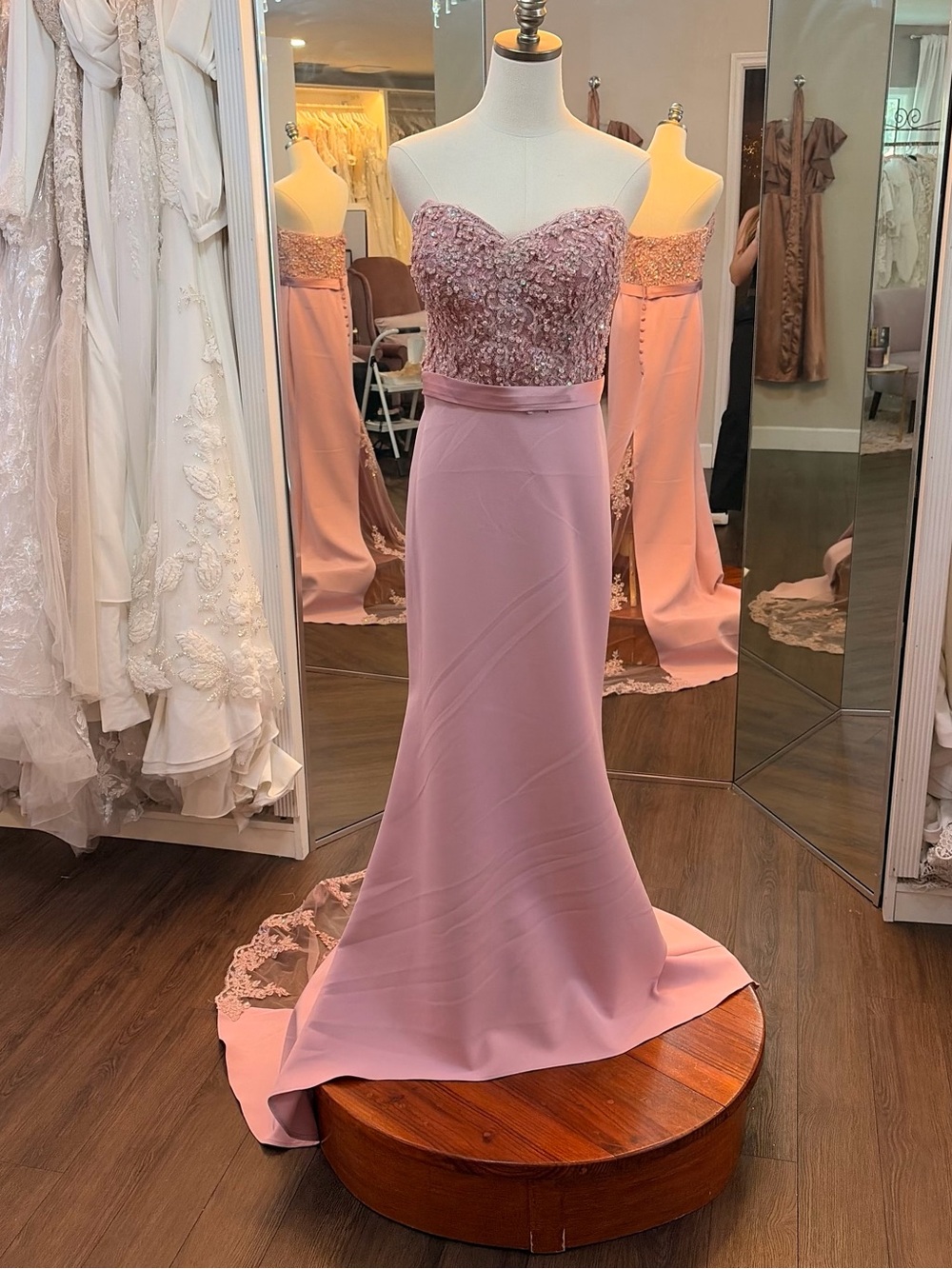 Strapless dusty Pink Lace beaded stretch Bodice Evening Gown fit and flair